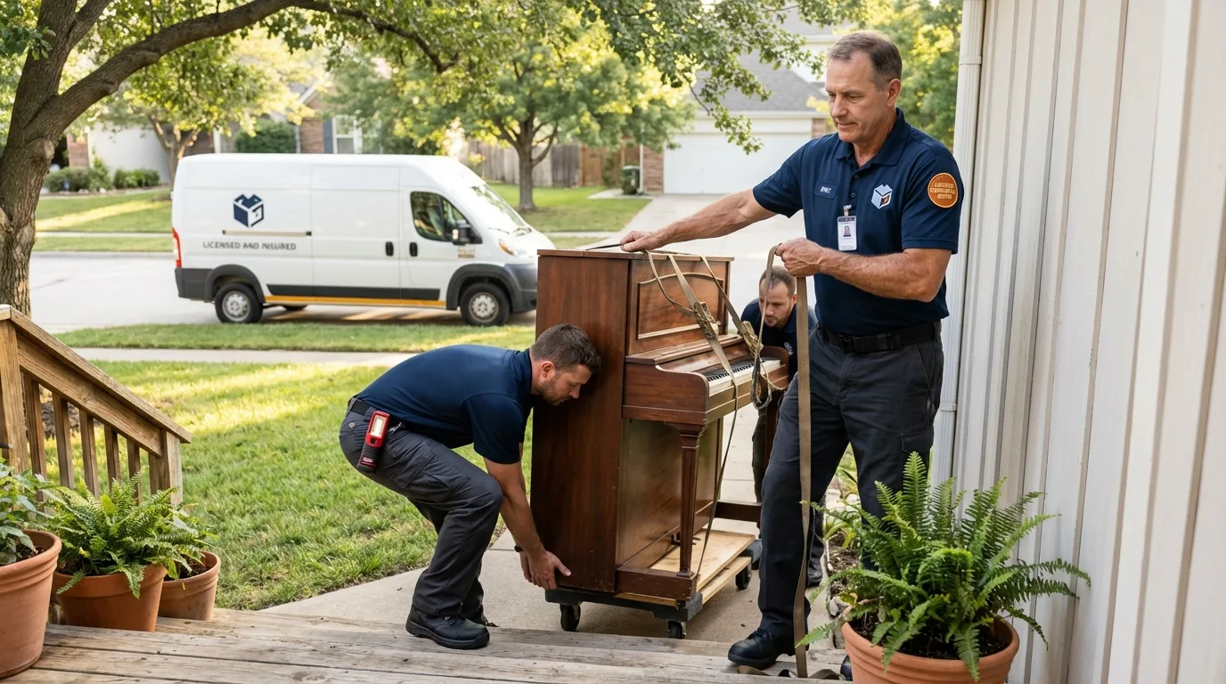 Licensed piano movers securing grand piano in New Carlisle, OH