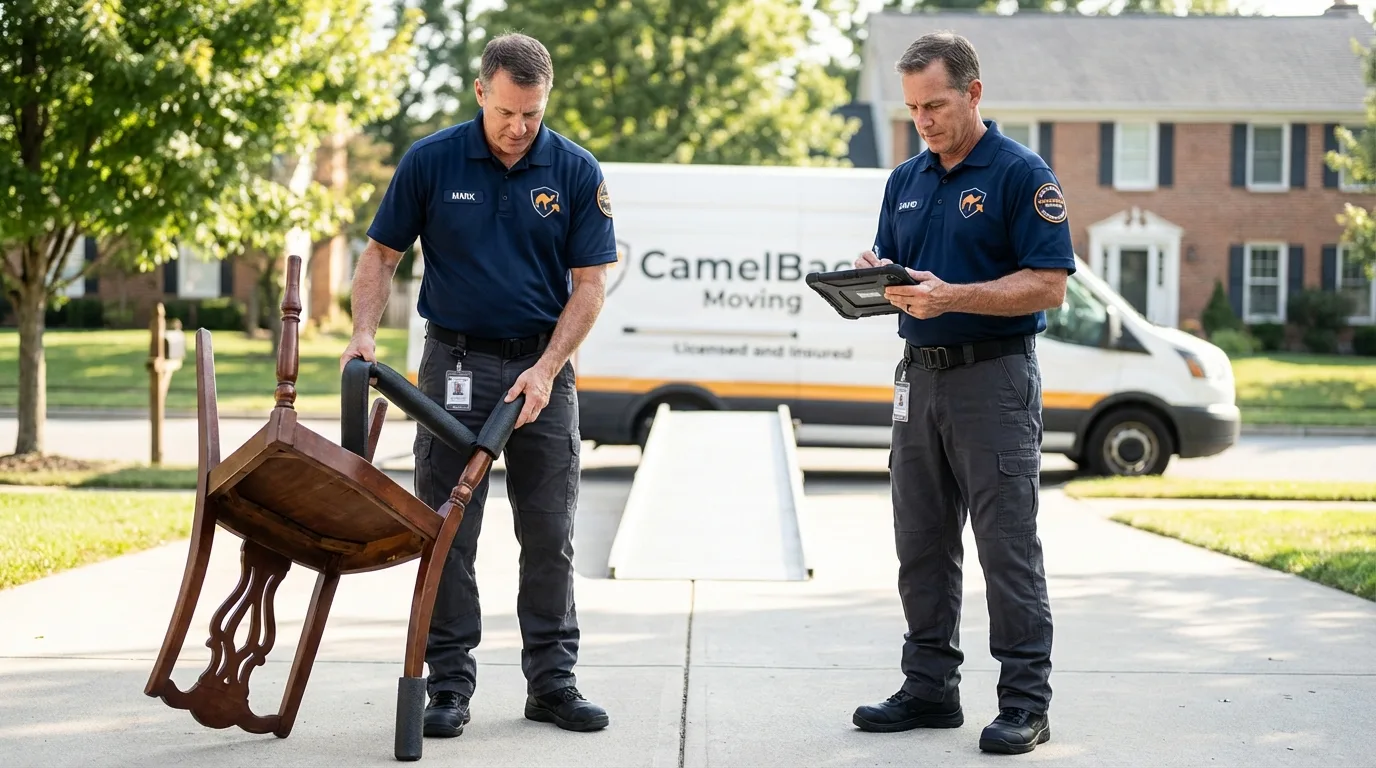 Movers inspecting furniture for damage prevention before loading in New Carlisle, OH