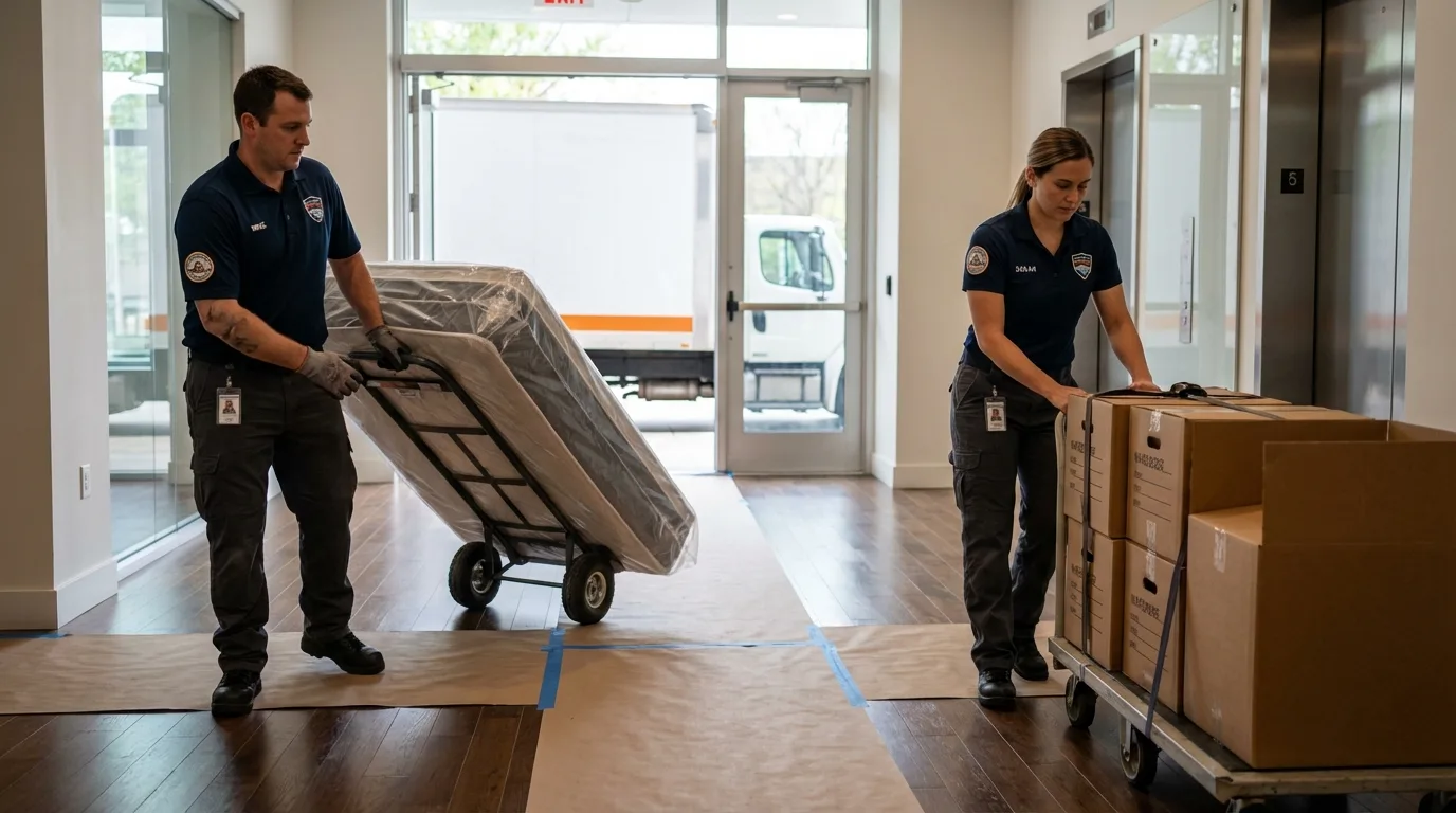 Professional apartment movers loading elevator in New Carlisle, OH