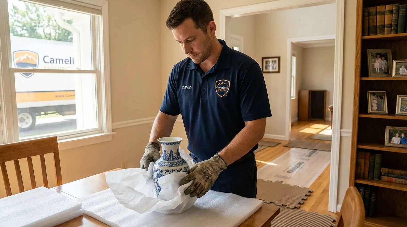 Professional crew carefully wrapping antique vase for senior downsizing move in New Carlisle, OH