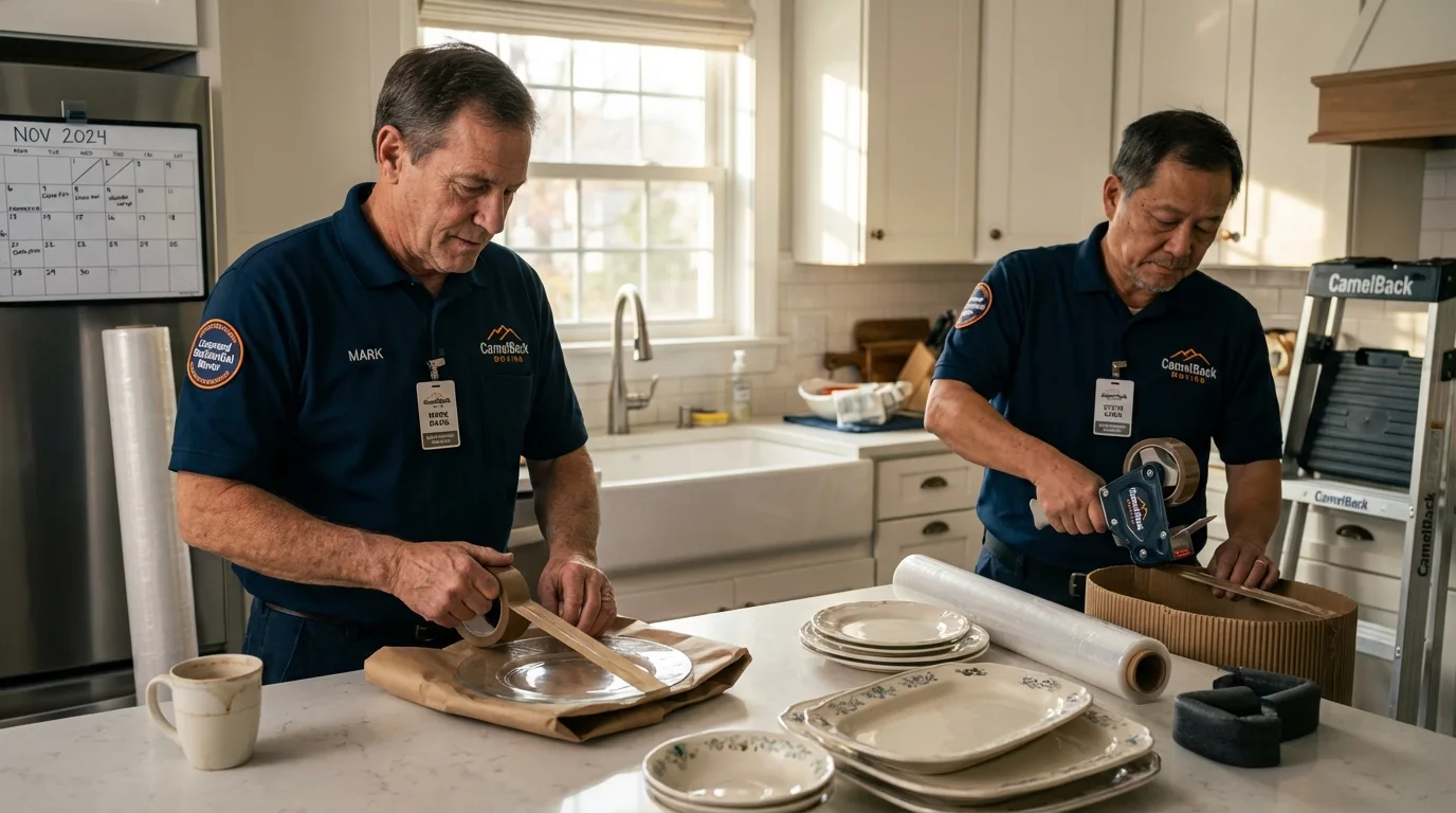 Professional crew packing kitchen dishware in New Carlisle, OH